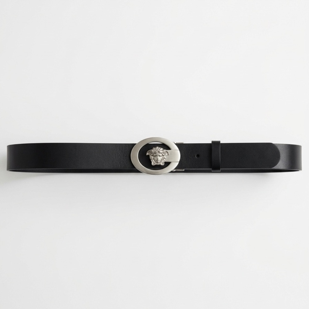 Black Vinyl Belt with Unique Medusa Head Buckle - Picture 2 of 7